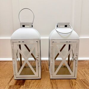 Set Of 2 Medium White Vintage Lanterns W/ Matte Gold Interior Metal & Glass